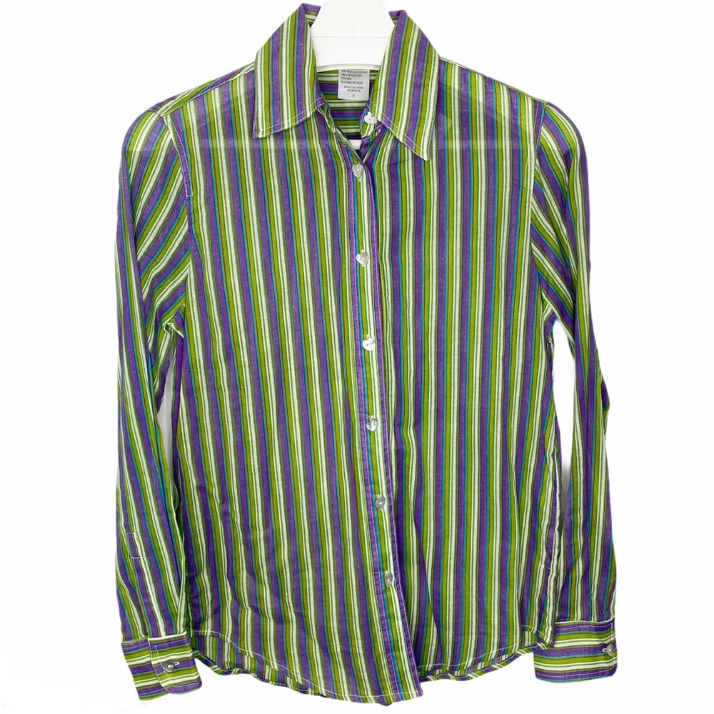 NEW SAM TY 100% Cotton Green/Purple Striped Button Down Top S